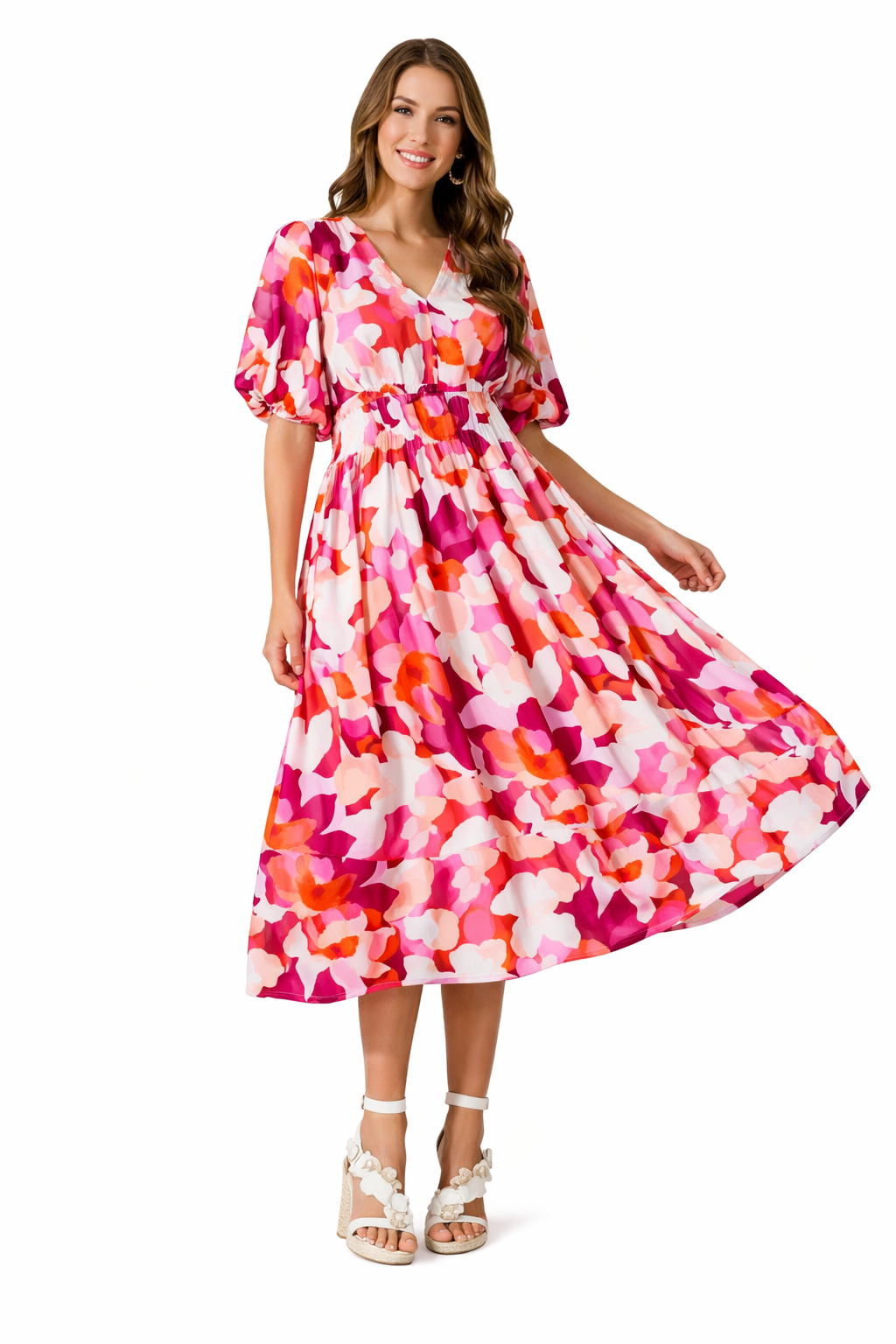 Robe Longue Fleurie Manches Longues Col V | Taille Cintrée Mariage Printemps Grande Taille | ROBEMODE