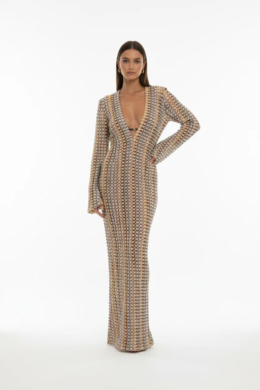 Robe Longue Sirène Femme Ajourée | Crochet Floral Col V Manches Évasées Élégante | ROBEMODE