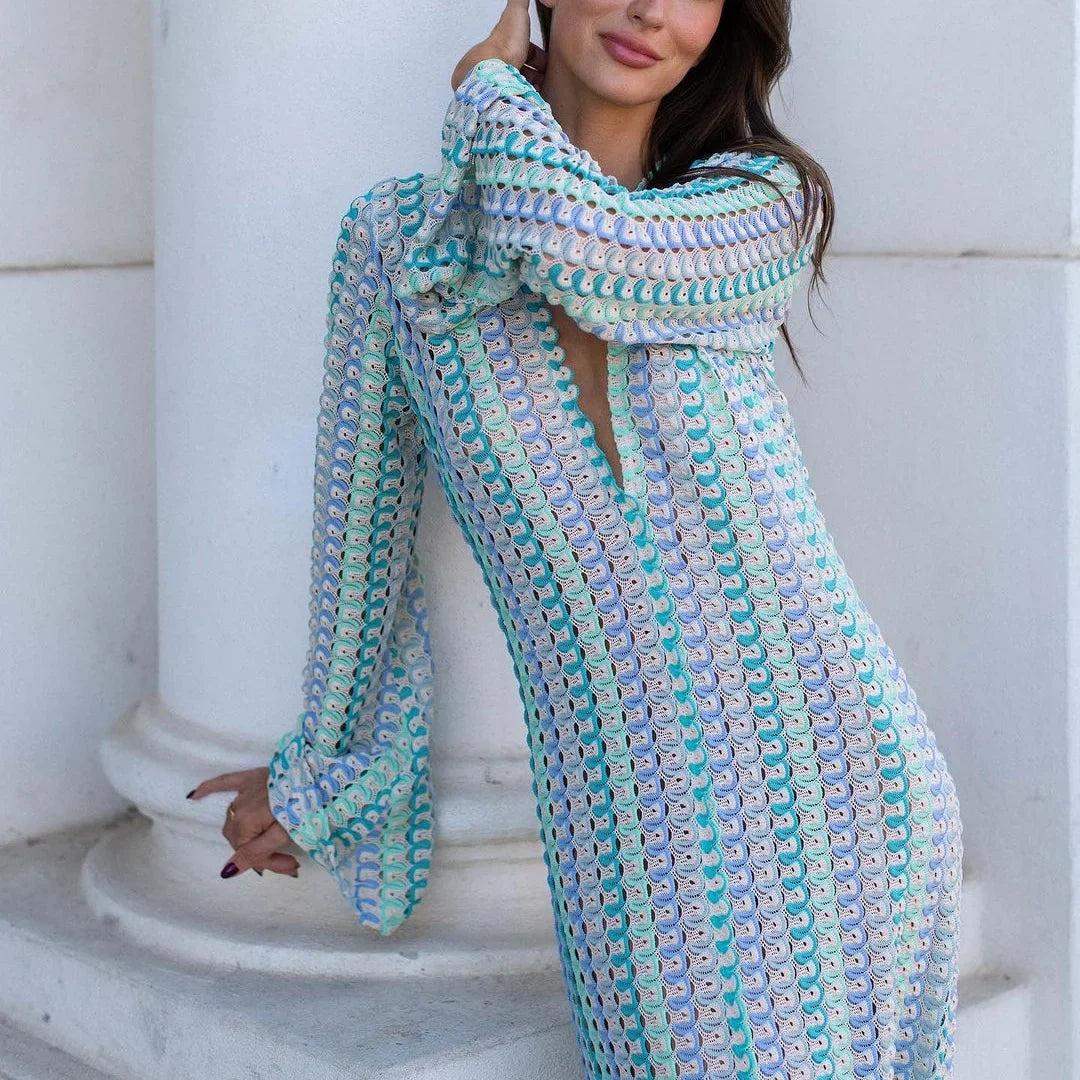 Robe Longue Sirène Femme Ajourée | Crochet Floral Col V Manches Évasées Élégante | ROBEMODE