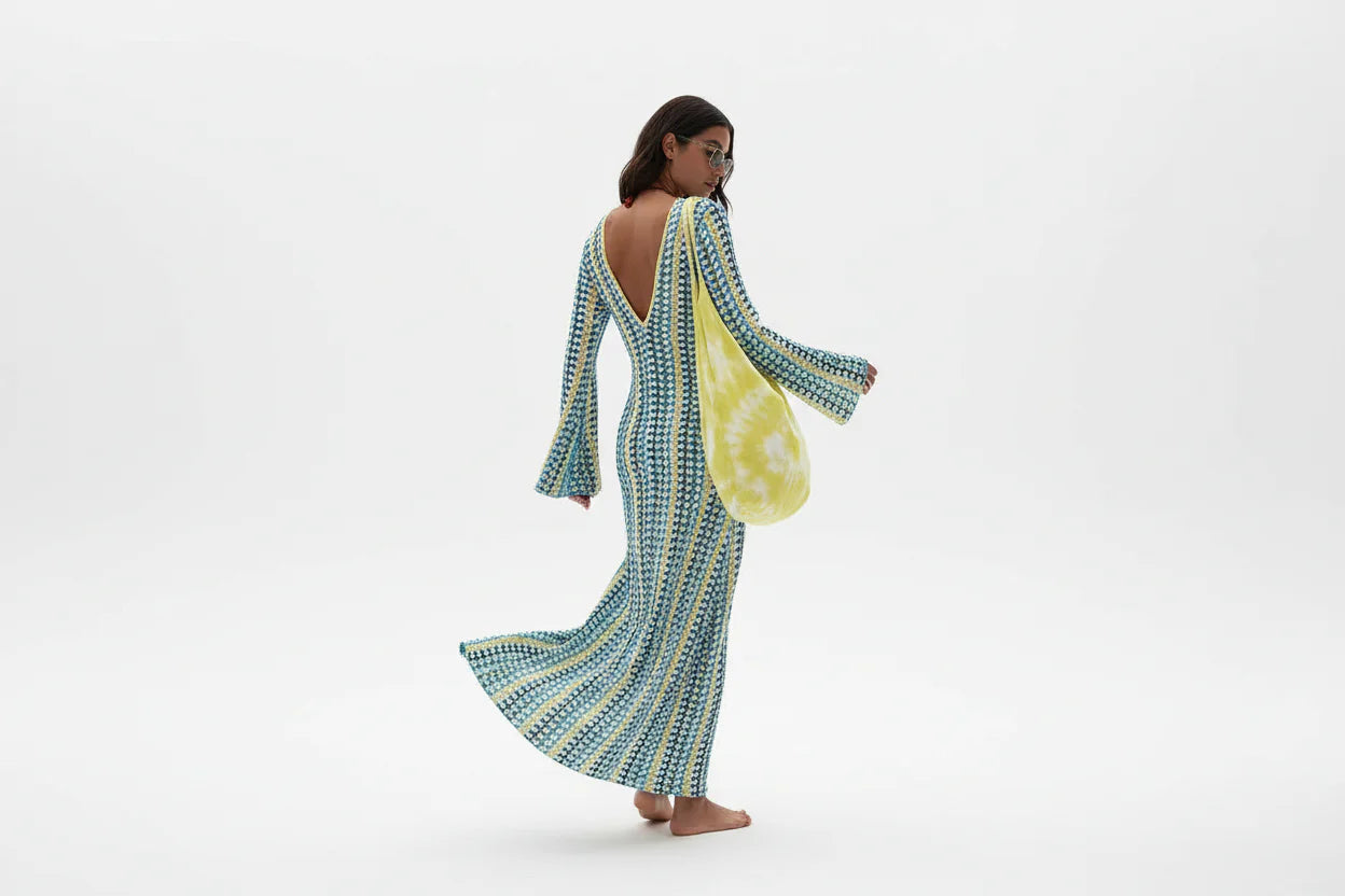 Robe Longue Sirène Femme Ajourée | Crochet Floral Col V Manches Évasées Élégante | ROBEMODE
