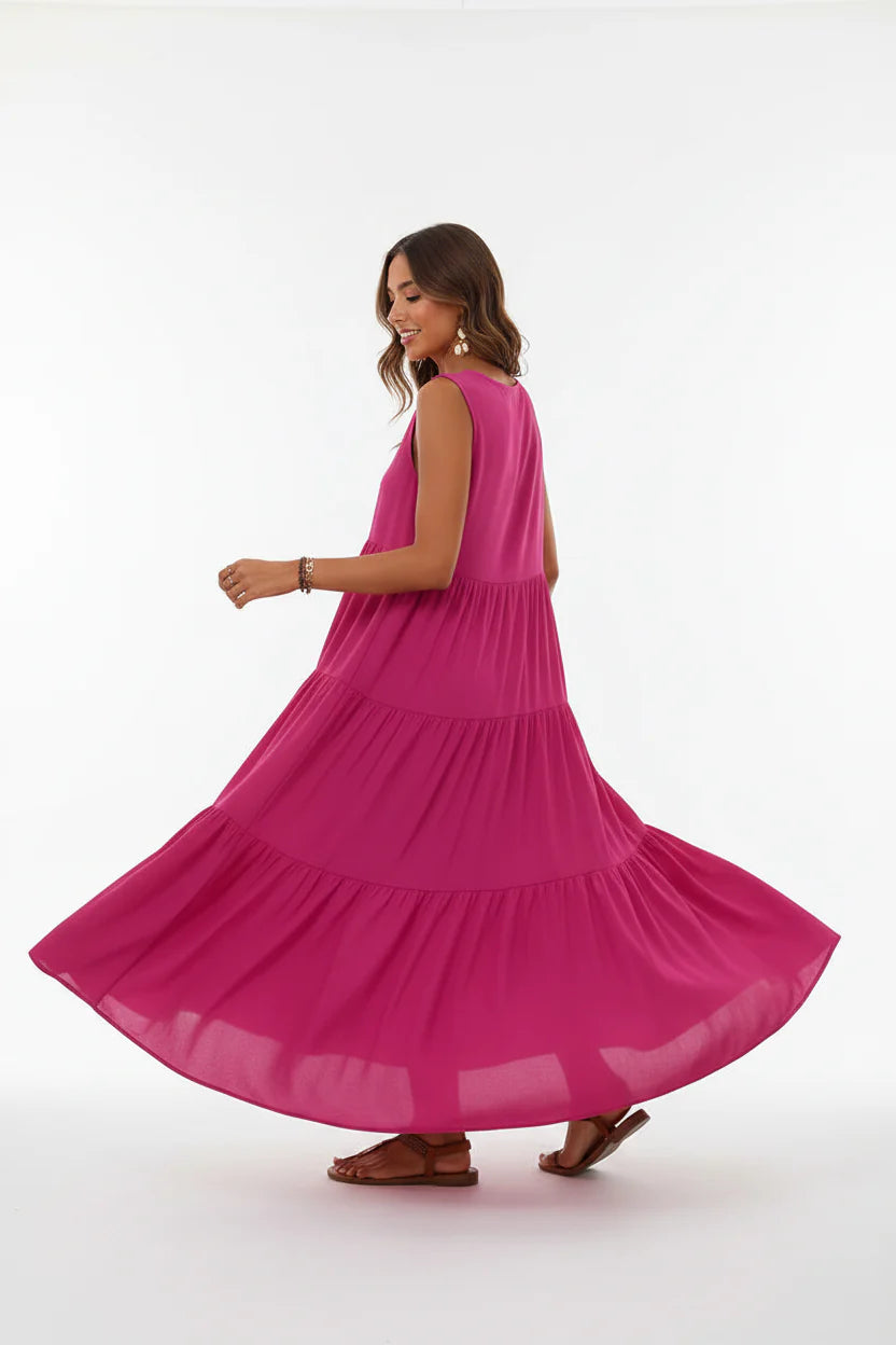 Robe Casual Chic Femme Sans Manches | Col V Mi-Mollet Coupe Ample Légère | ROBEMODE