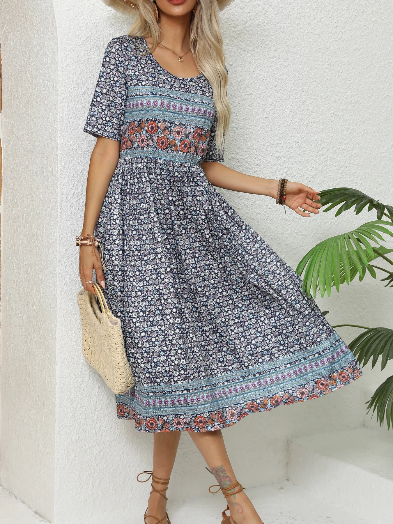 Robe Bohème Imprimée Femme | Col Rond Manches Courtes Poches Coupe Ample | ROBEMODE