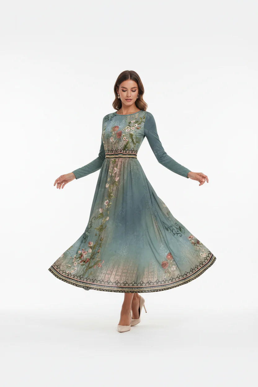 Robe Casual Élégante Femme Imprimée | Col Rond Manches Régulières Mi-Mollet A-Line | ROBEMODE