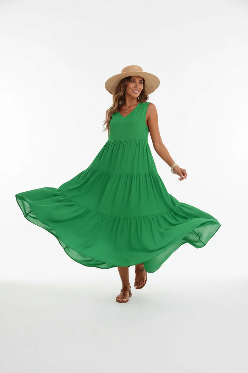 Robe Casual Chic Femme Sans Manches | Col V Mi-Mollet Coupe Ample Légère | ROBEMODE