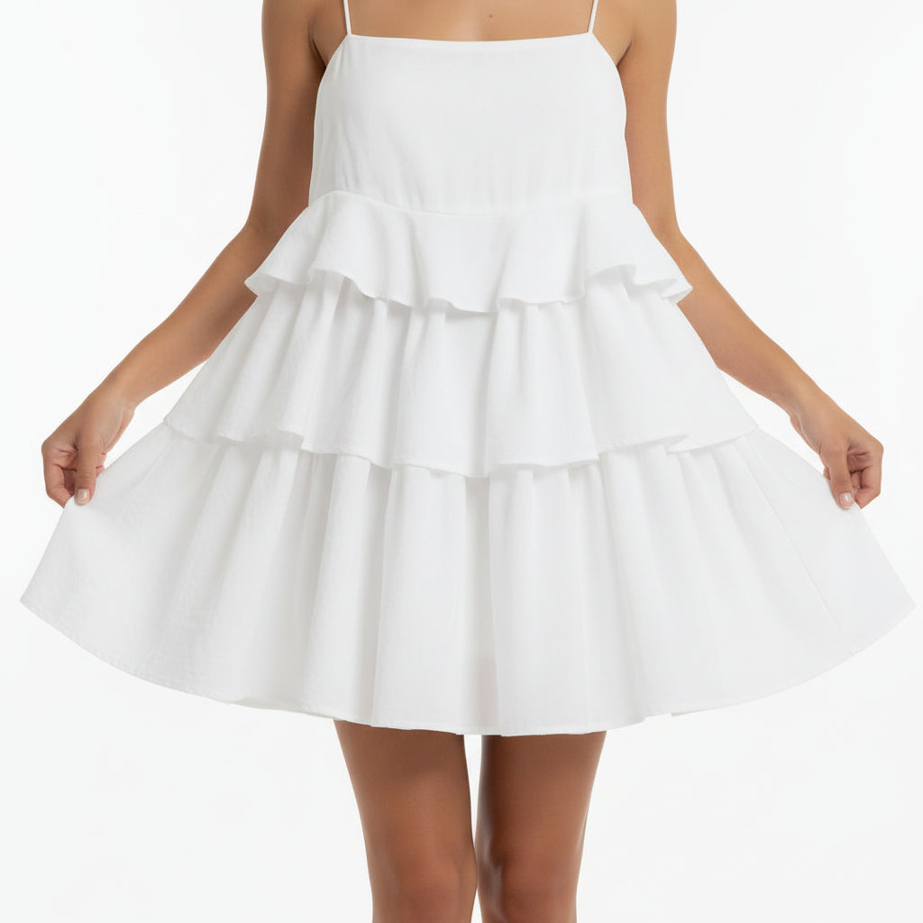 Mini Robe d'Été Coton Femme | Bretelles Sans Manches Froufrous Plage Casual | ROBEMODE