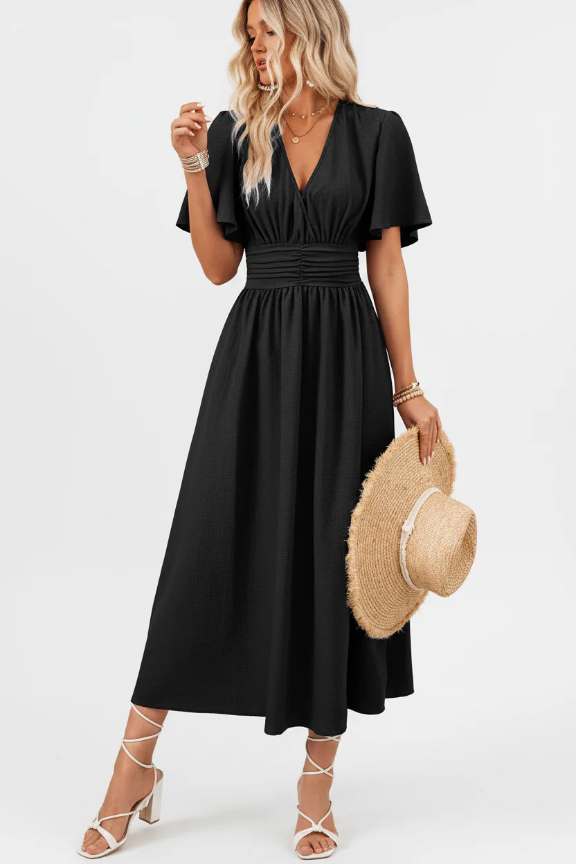 Robe Fluide Femme à Volants Col V | Manches Papillon Mi-Longue Casual Été | ROBEMODE