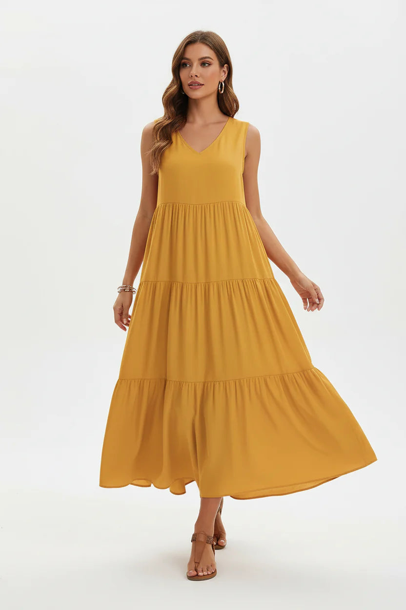 Robe Casual Chic Femme Sans Manches | Col V Mi-Mollet Coupe Ample Légère | ROBEMODE
