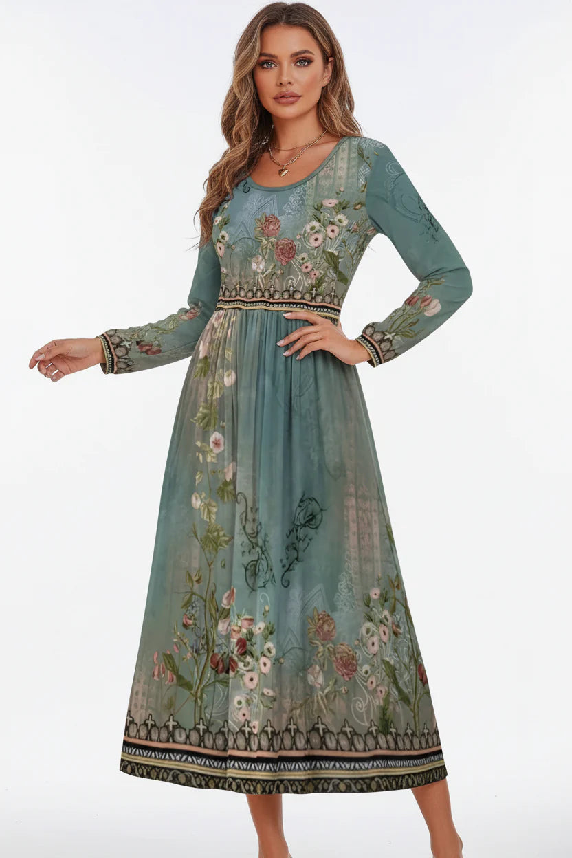 Robe Casual Élégante Femme Imprimée | Col Rond Manches Régulières Mi-Mollet A-Line | ROBEMODE