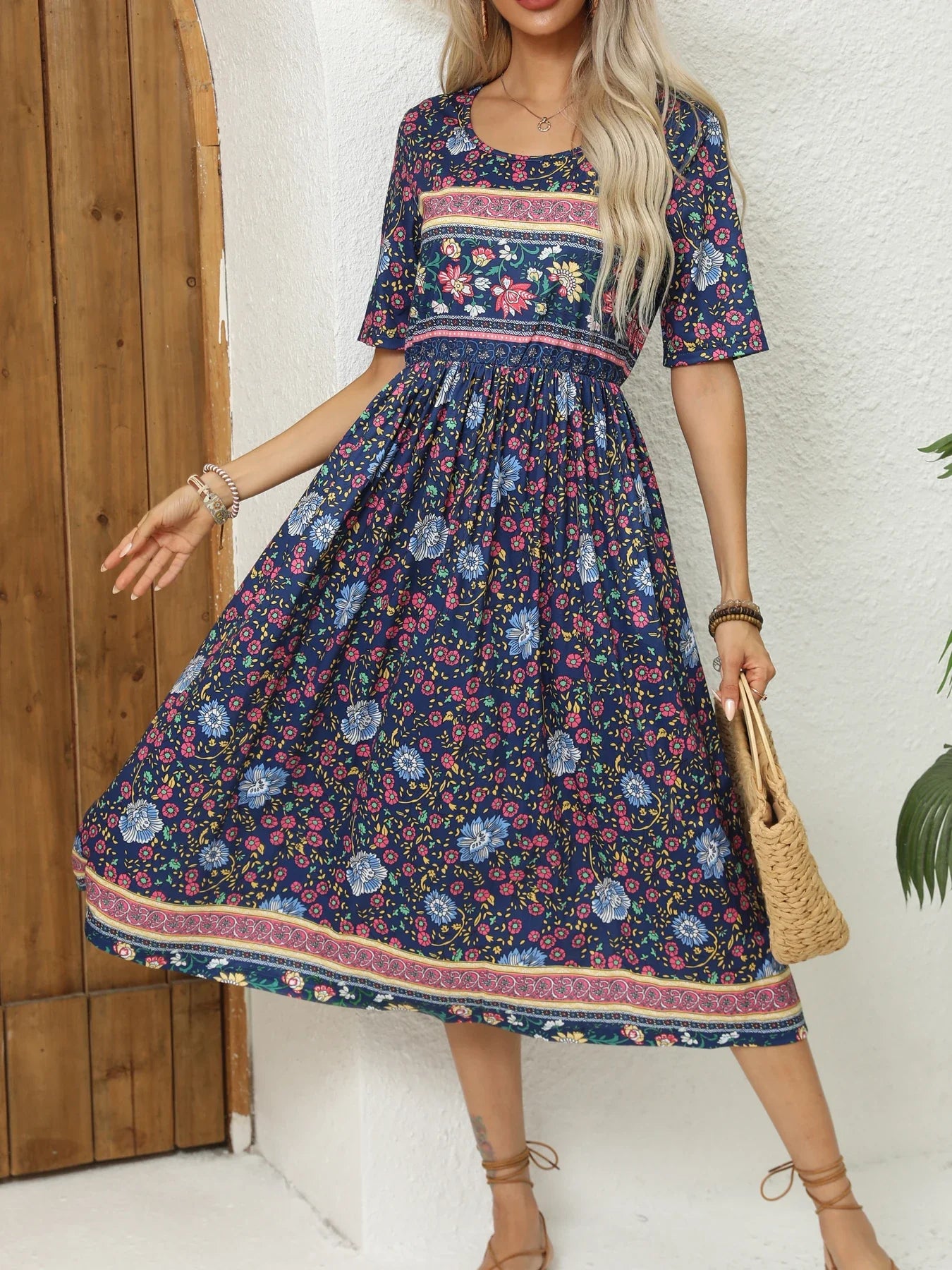 Robe Bohème Imprimée Femme | Col Rond Manches Courtes Poches Coupe Ample | ROBEMODE