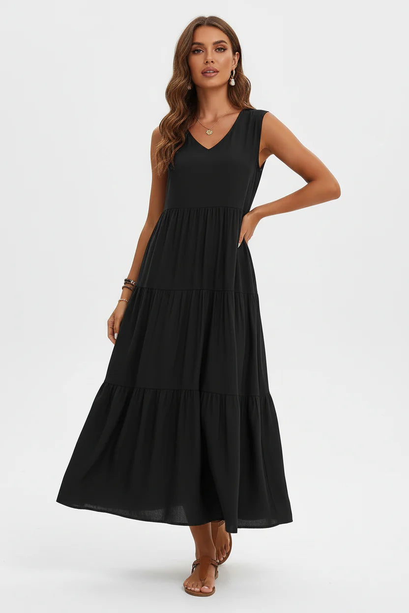 Robe Casual Chic Femme Sans Manches | Col V Mi-Mollet Coupe Ample Légère | ROBEMODE