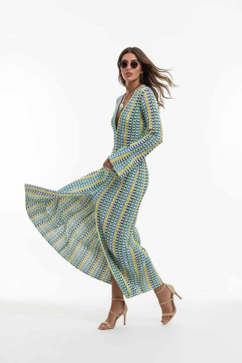 Robe Longue Sirène Femme Ajourée | Crochet Floral Col V Manches Évasées Élégante | ROBEMODE