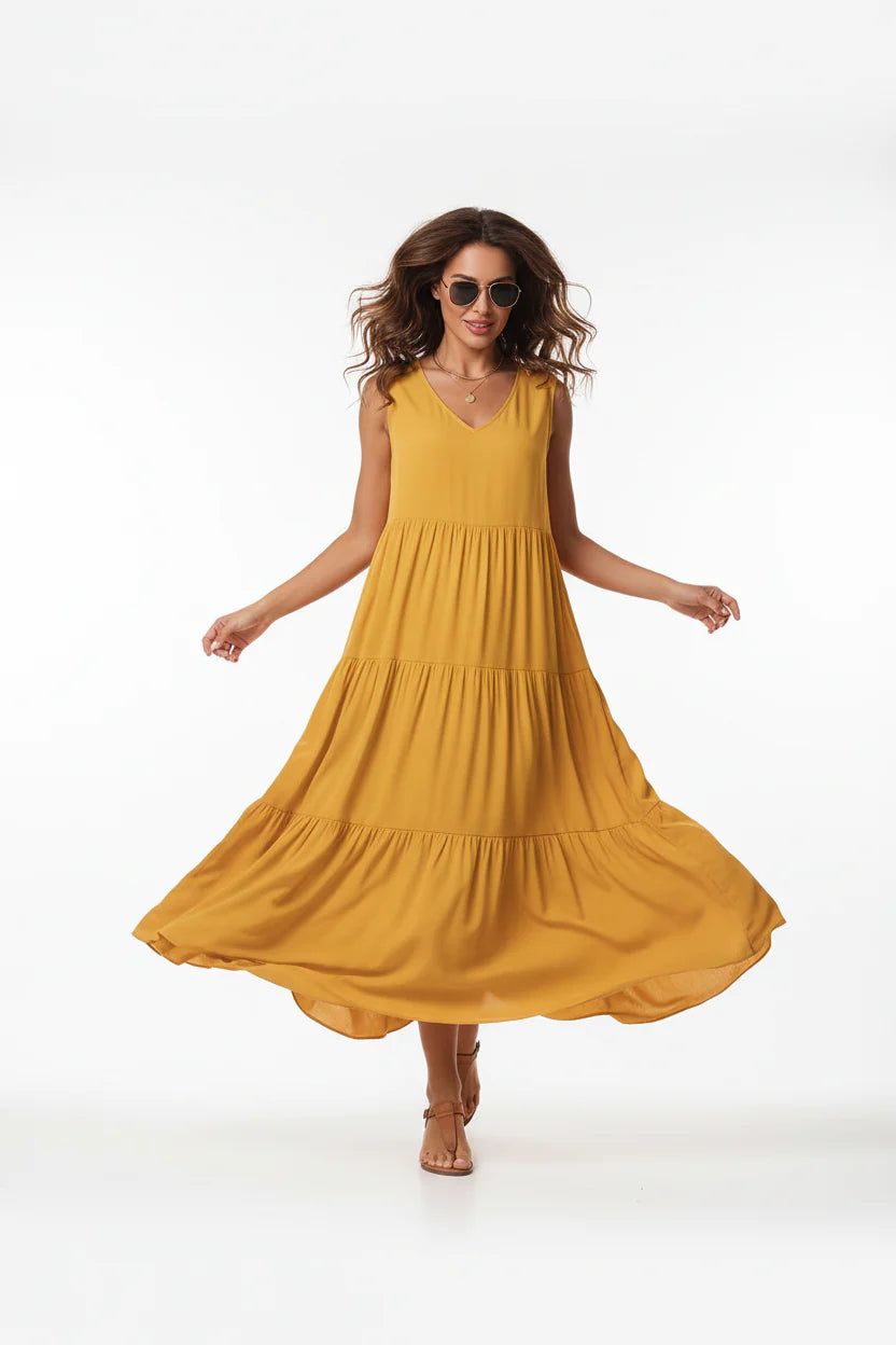 Robe Casual Chic Femme Sans Manches | Col V Mi-Mollet Coupe Ample Légère | ROBEMODE