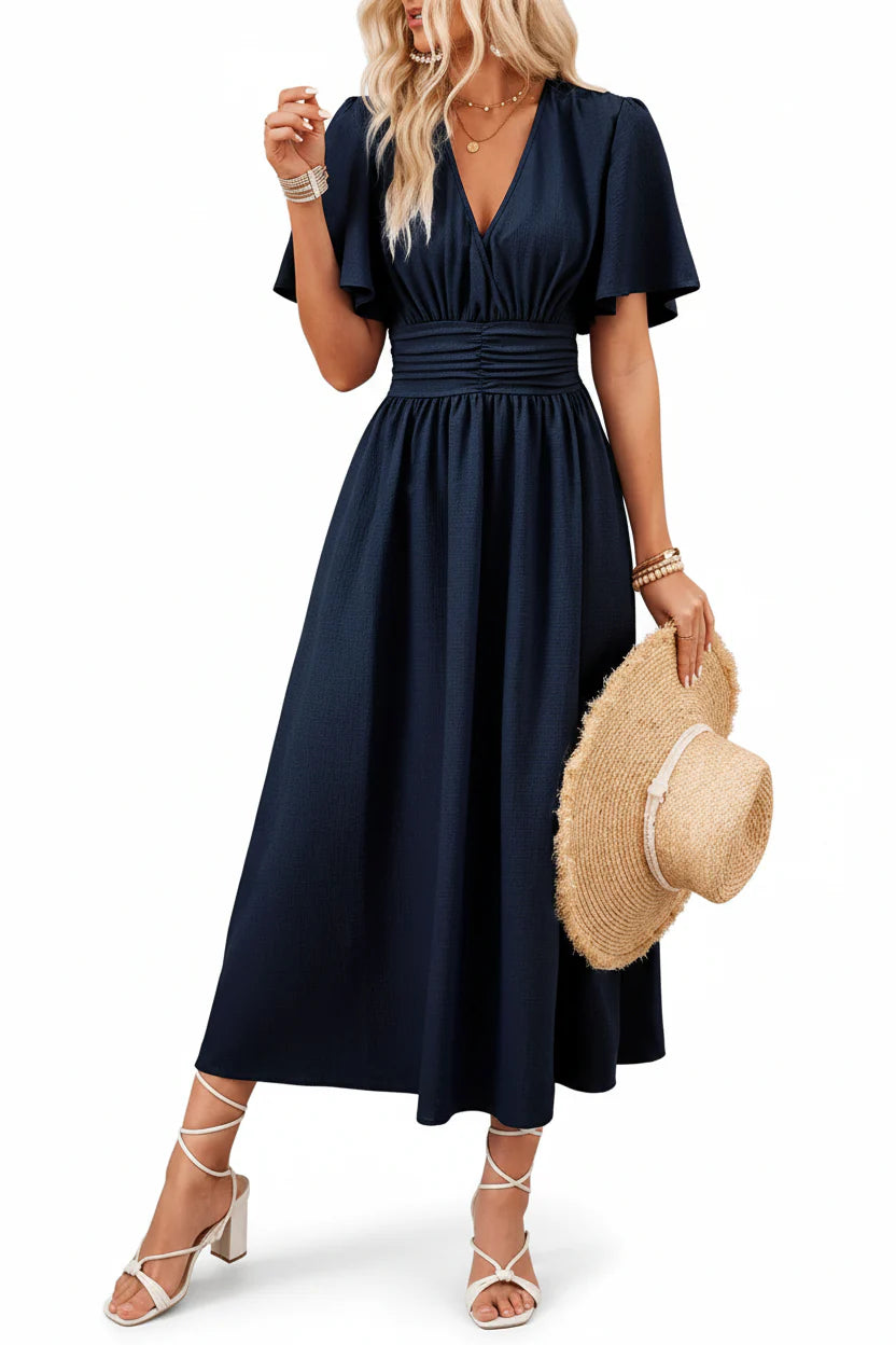 Robe Fluide Femme à Volants Col V | Manches Papillon Mi-Longue Casual Été | ROBEMODE