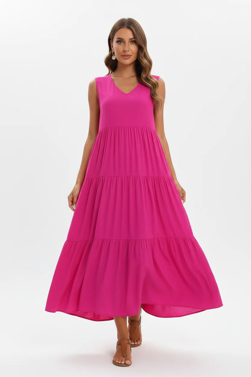 Robe Casual Chic Femme Sans Manches | Col V Mi-Mollet Coupe Ample Légère | ROBEMODE