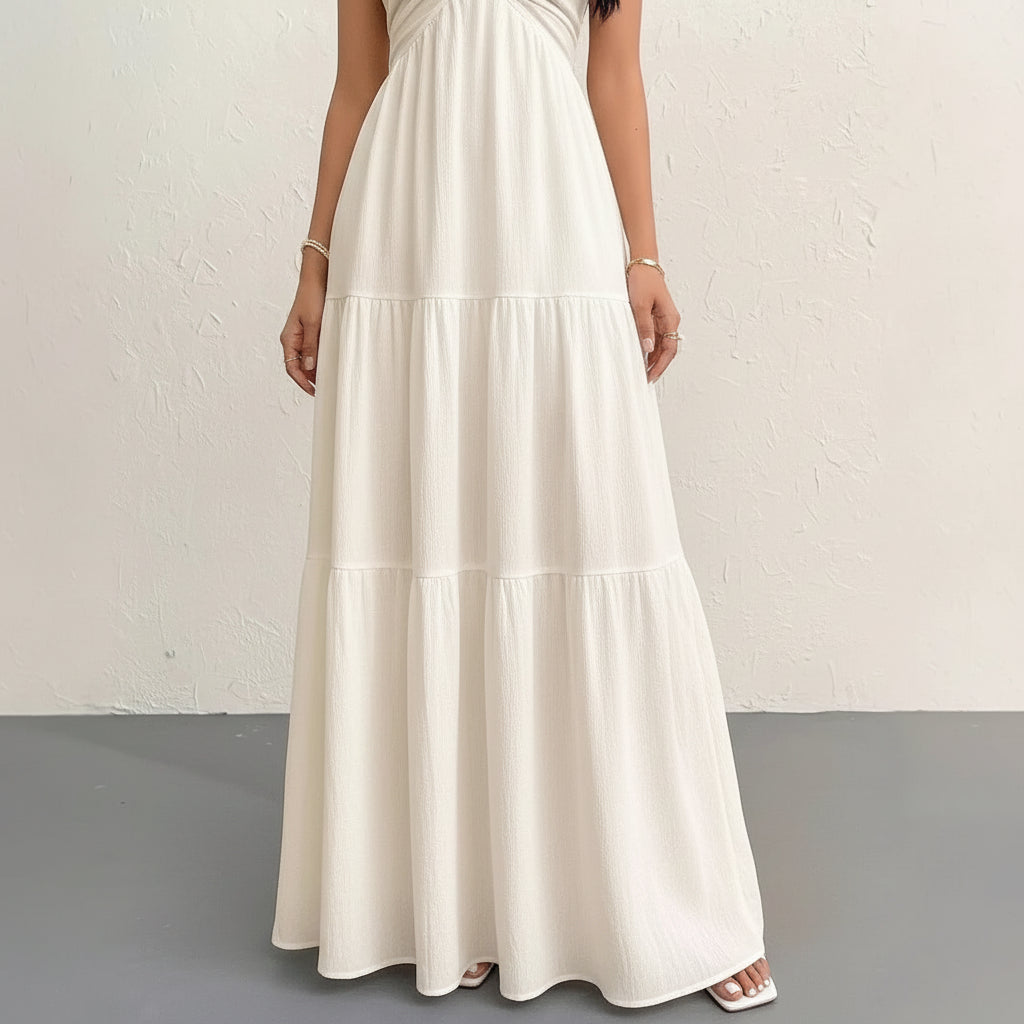 Robe de Plage Longue Dos Nu Col V Plissée | Sans Manches Coupe A-Line Cheville | ROBEMODE