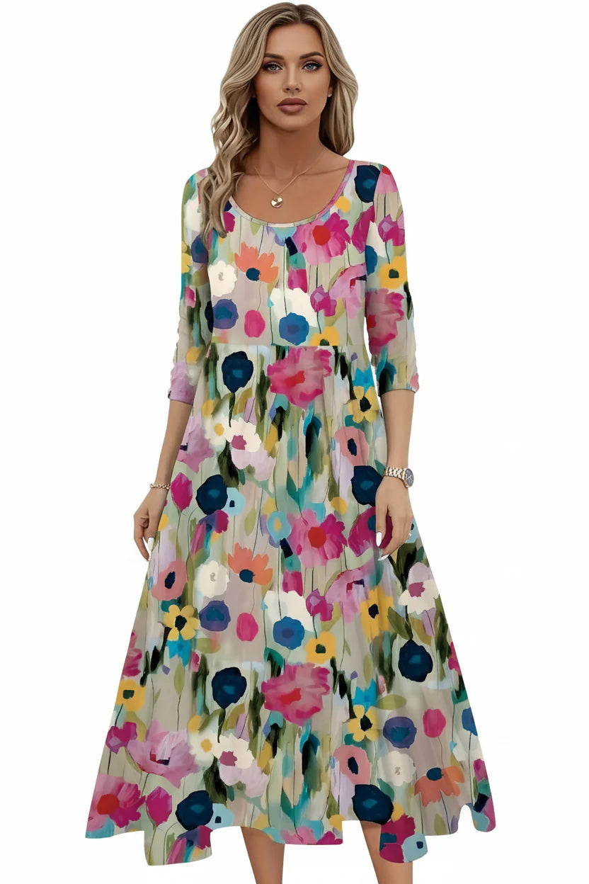 Robe Casual Élégante Femme Imprimée | Col Rond Manches Régulières Mi-Mollet A-Line | ROBEMODE