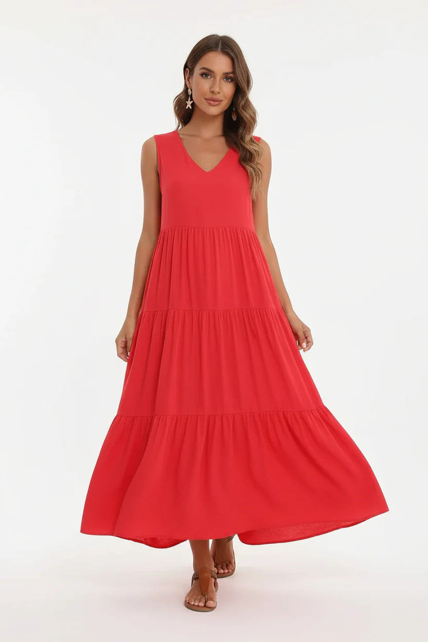 Robe Casual Chic Femme Sans Manches | Col V Mi-Mollet Coupe Ample Légère | ROBEMODE