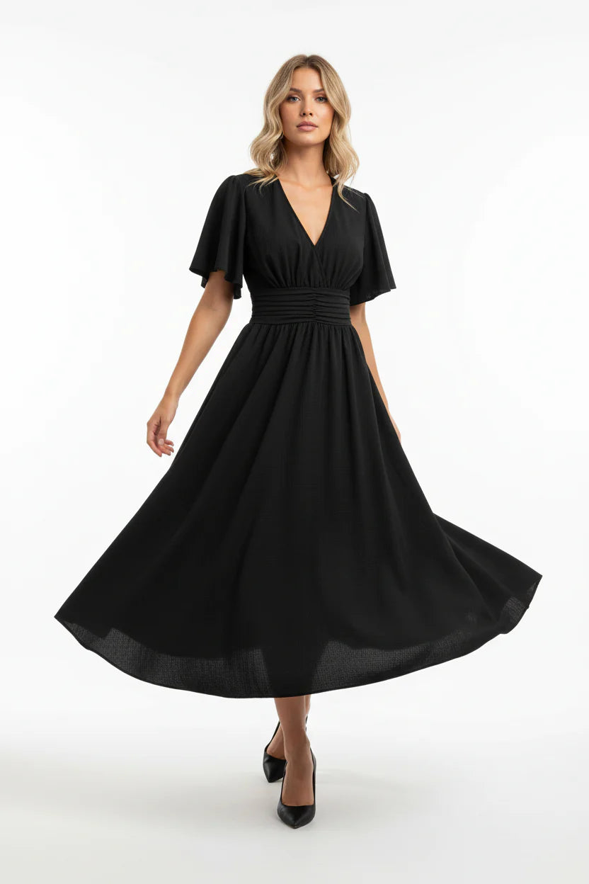 Robe Fluide Femme à Volants Col V | Manches Papillon Mi-Longue Casual Été | ROBEMODE