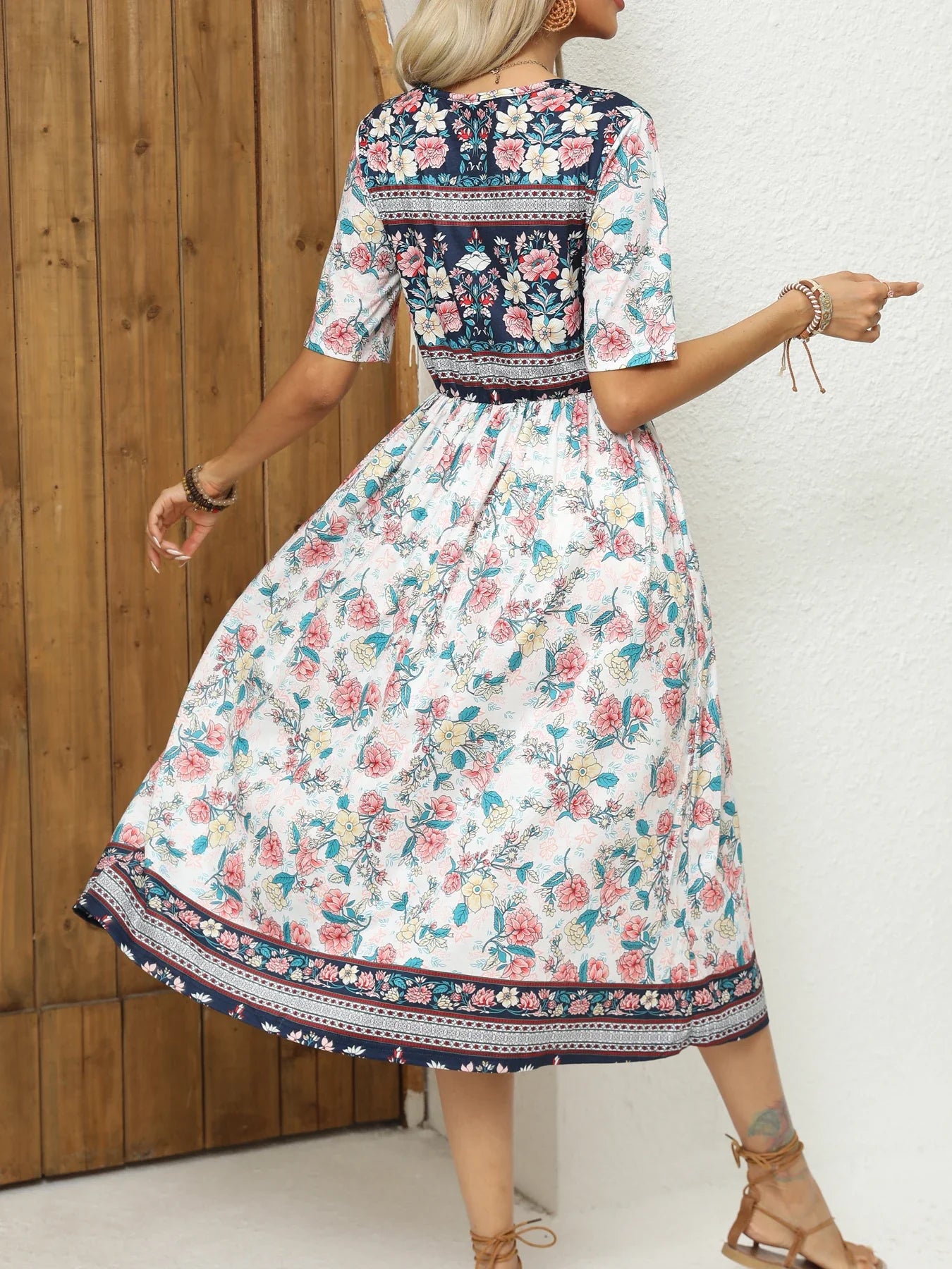 Robe Bohème Imprimée Femme | Col Rond Manches Courtes Poches Coupe Ample | ROBEMODE