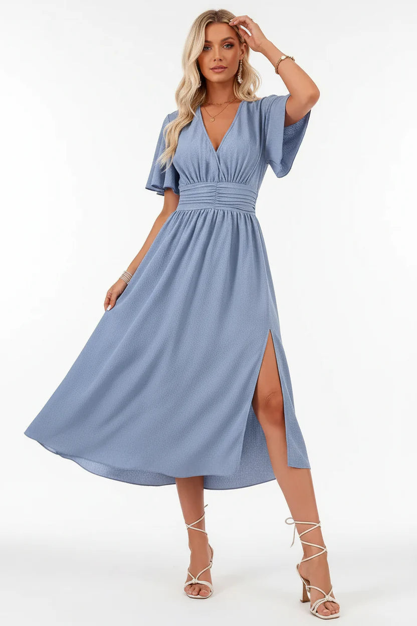 Robe Fluide Femme à Volants Col V | Manches Papillon Mi-Longue Casual Été | ROBEMODE