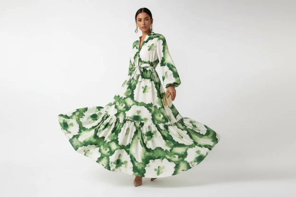 Robe Longue Bohème Femme Imprimée | Manches Longues Col V Laçage Fluide Été | ROBEMODE