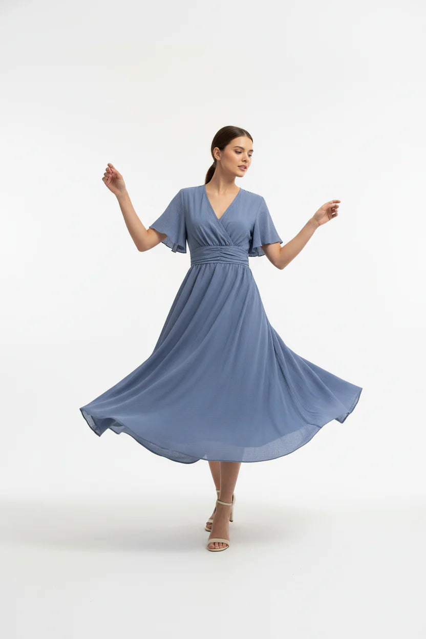Robe Fluide Femme à Volants Col V | Manches Papillon Mi-Longue Casual Été | ROBEMODE