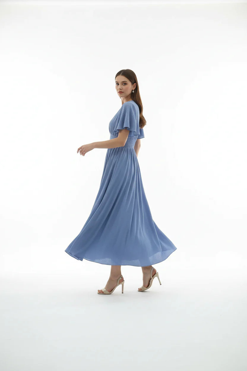 Robe Fluide Femme à Volants Col V | Manches Papillon Mi-Longue Casual Été | ROBEMODE