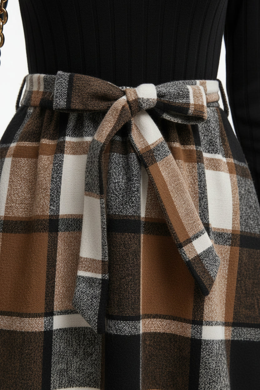 Robe noire femme manches longues avec jupe carreaux | ROBEMODE
