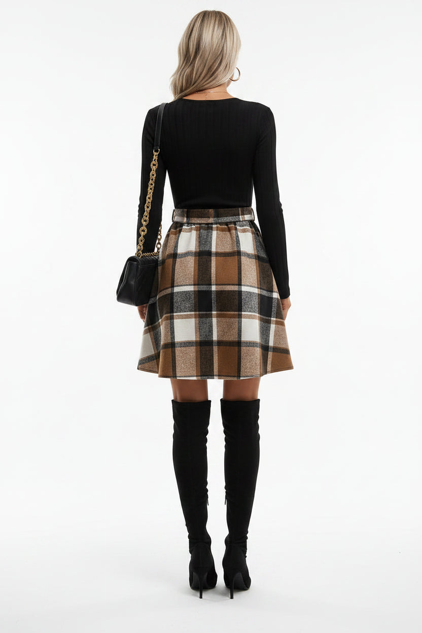 Robe noire femme manches longues avec jupe carreaux | ROBEMODE