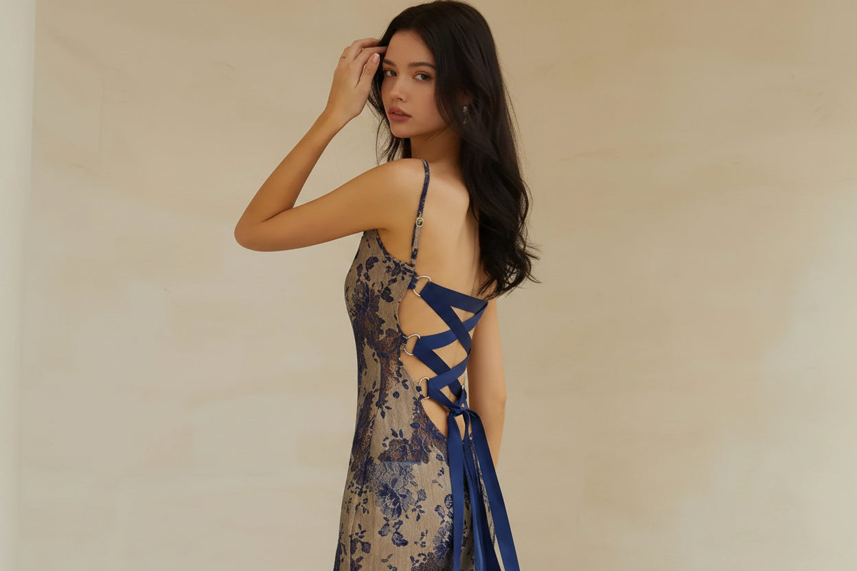Maxi robe dos nu dentelle bleue avec bretelles fines soirée | Coupe féminine + Style élégant + Facile à accessoiriser – ROBEMODE