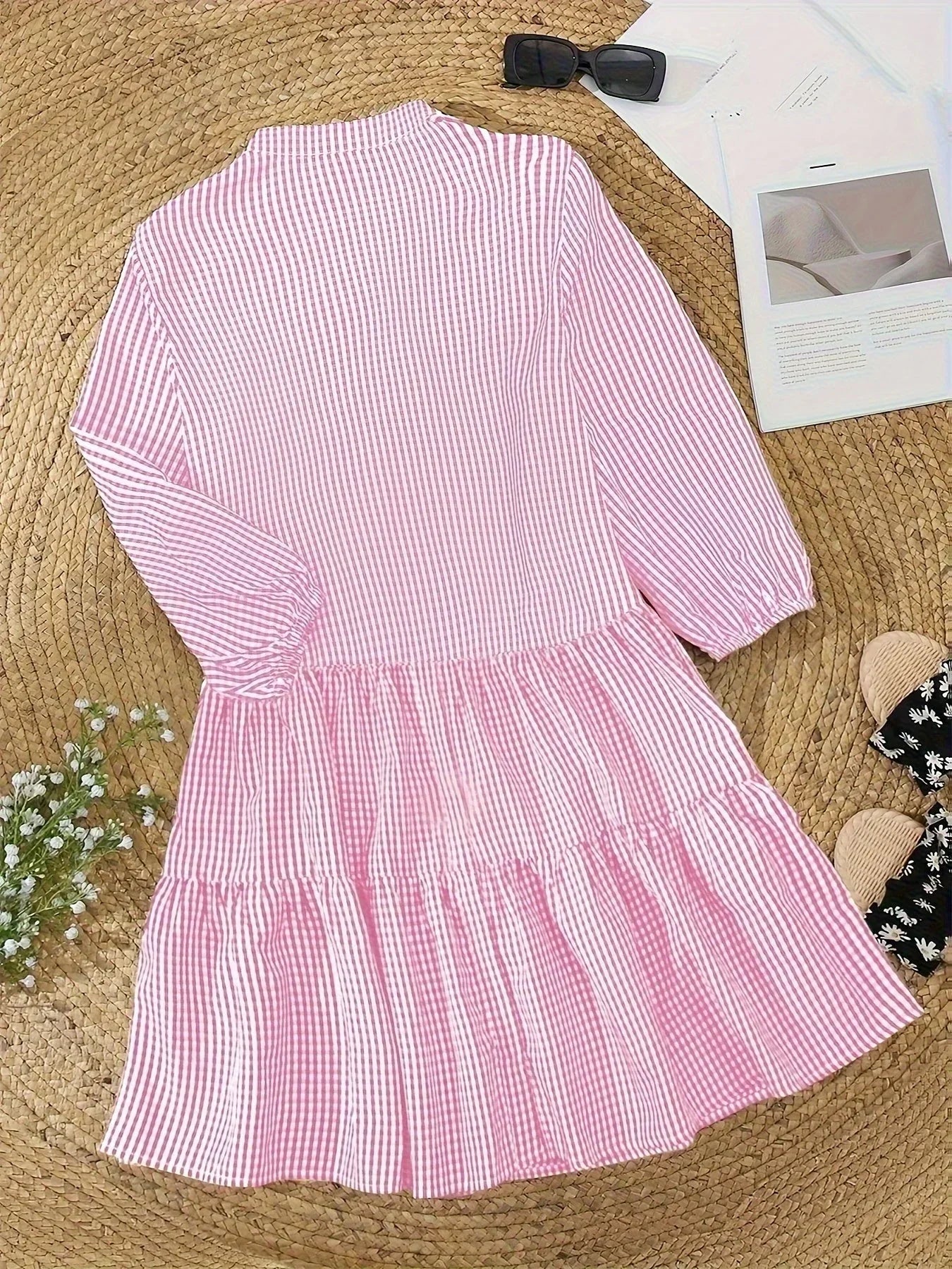 Robe Courte Vichy Femme Manches 3/4 Col Boutonné Printemps Été | ROBEMODE
