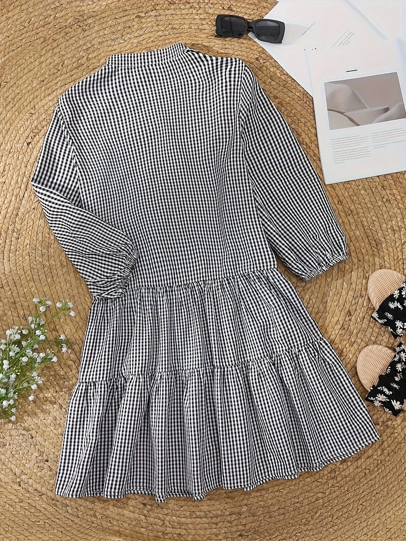 Robe Courte Vichy Femme Manches 3/4 Col Boutonné Printemps Été | ROBEMODE