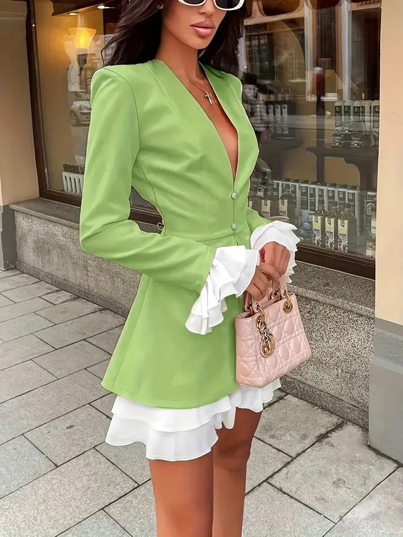 Robe Blazer Courte Volants Boutons Soirée Rose & Vert | ROBEMODE