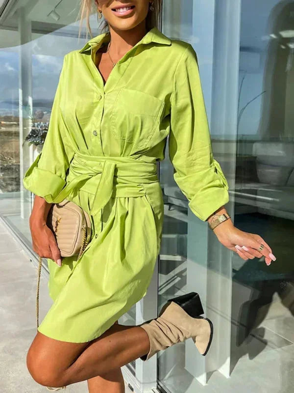 Robe Chemise Courte Ceinturée Manches Ajustables 5 Coloris
