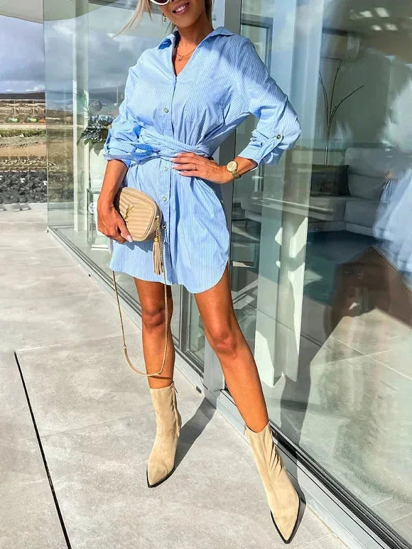 Robe Chemise Courte Ceinturée Manches Ajustables 5 Coloris