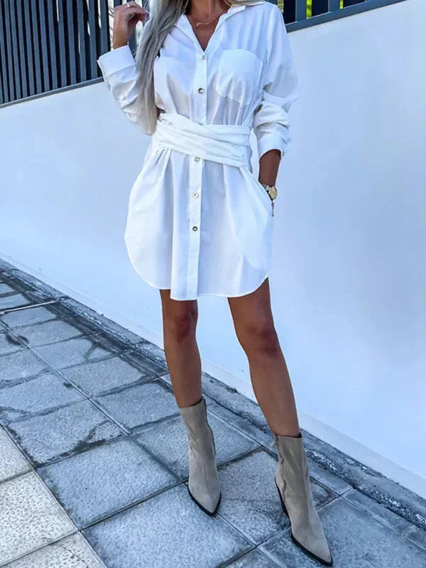 Robe Chemise Courte Ceinturée Manches Ajustables 5 Coloris