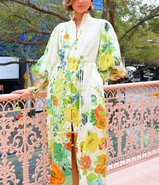 Robe midi femme avec imprimé floral et manches volumineuses | ROBEMODE