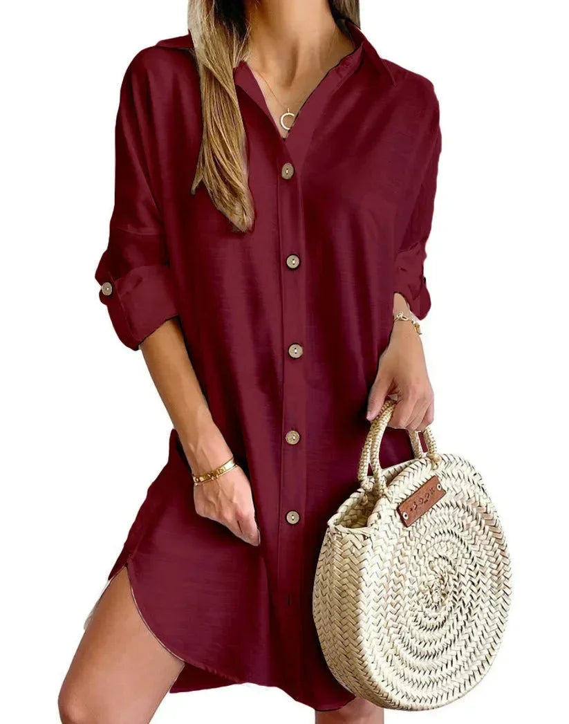 Robe Chemise Femme Boutonnée Col Classique Manches Longues | ROBEMODE