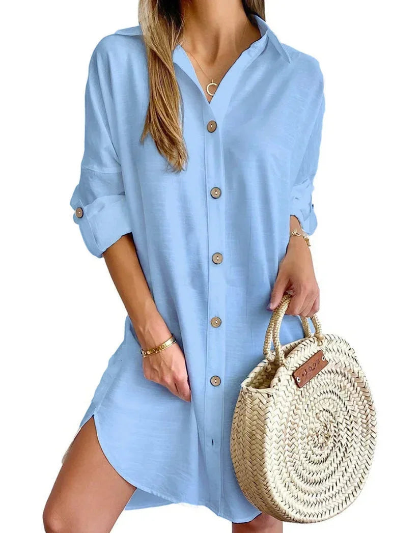 Robe Chemise Femme Boutonnée Col Classique Manches Longues | ROBEMODE