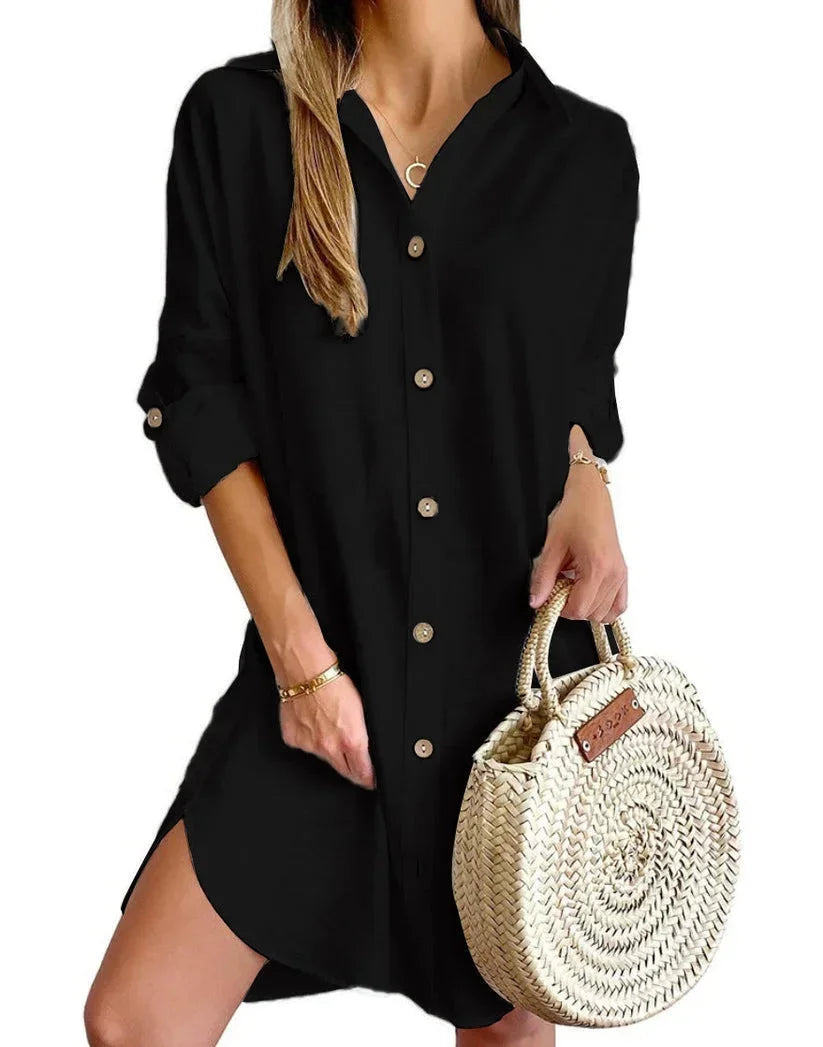 Robe Chemise Femme Boutonnée Col Classique Manches Longues | ROBEMODE