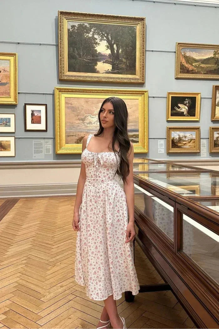 Robe midi blanche à fleurs avec bretelles corset | ROBEMODE