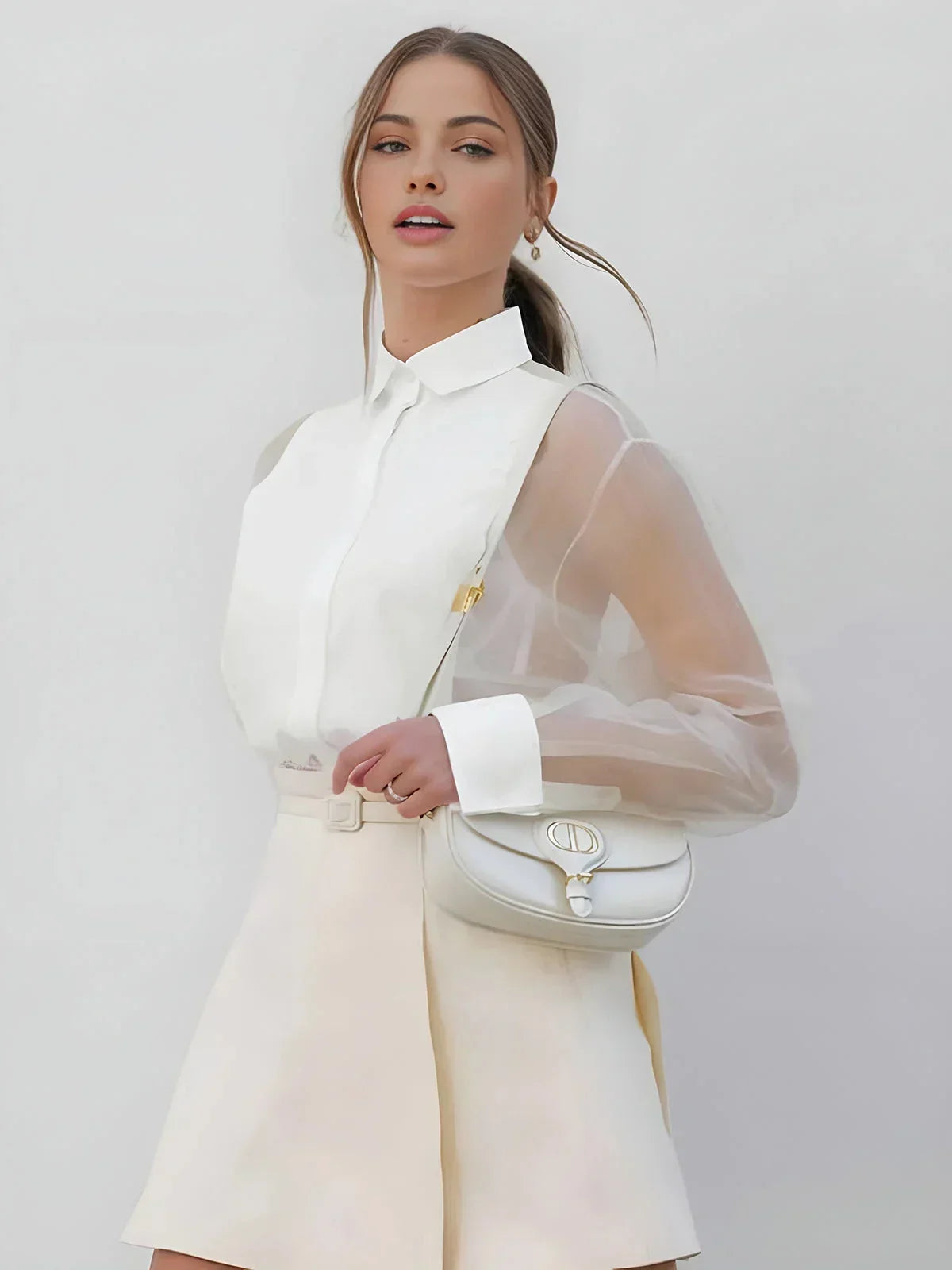 Robe courte blanche col chemise manches transparentes bureau | ROBEMODE