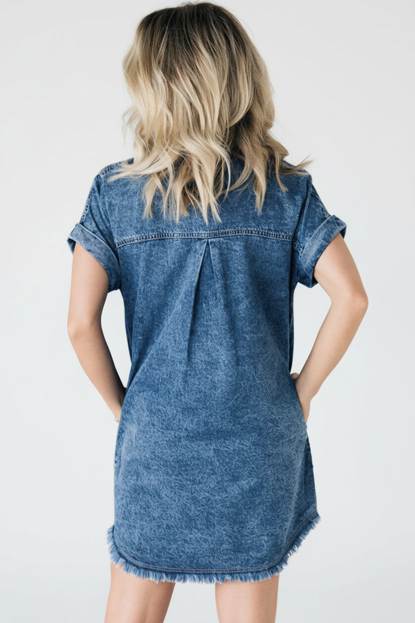 Robe Courte Femme Denim Bleu Boutonnée Manches Courtes | ROBEMODE