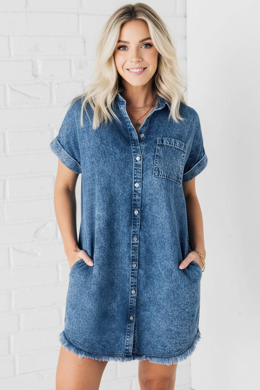 Robe Courte Femme Denim Bleu Boutonnée Manches Courtes | ROBEMODE