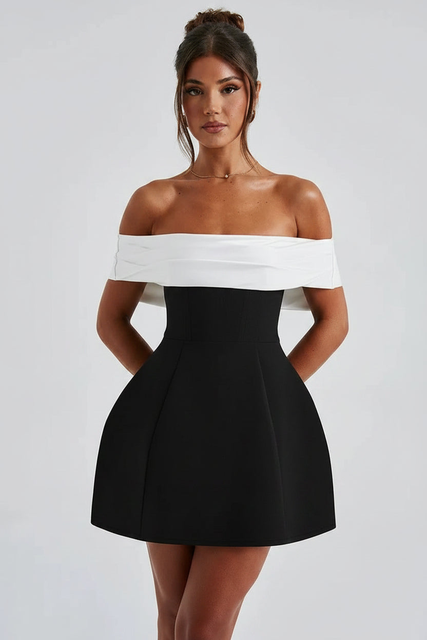 Robe Courte Épaule Dégagée Deux Tons Soirée Femme | ROBEMODE