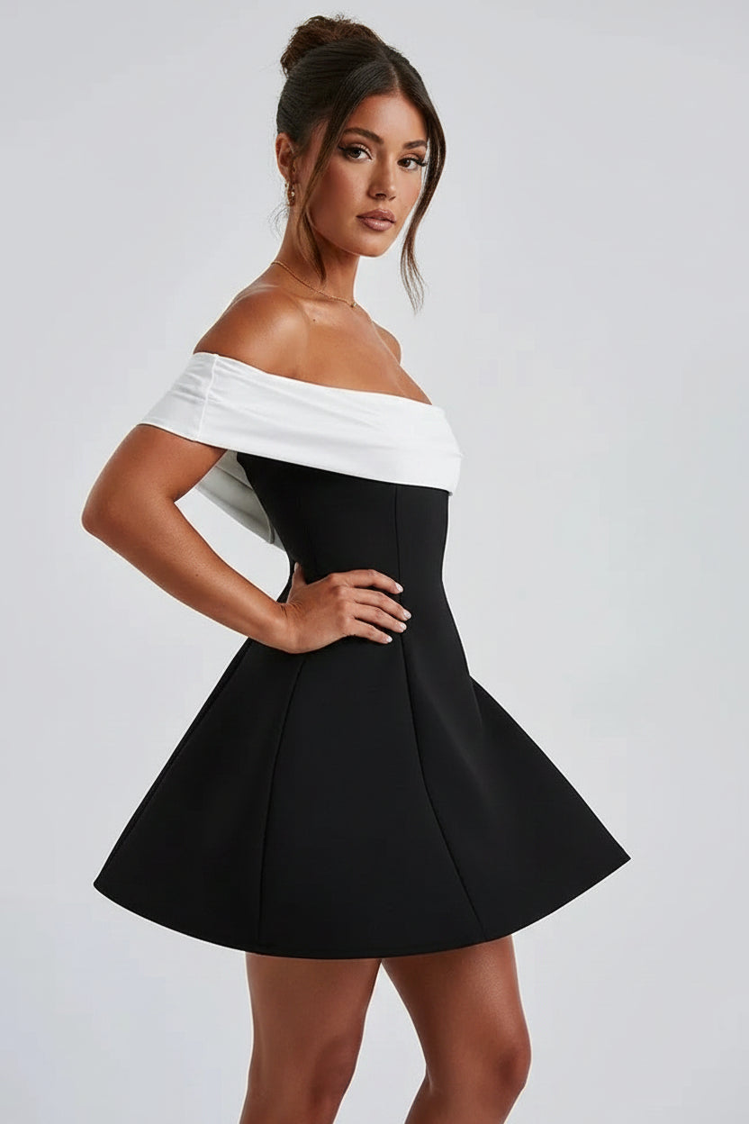 Robe Courte Épaule Dégagée Deux Tons Soirée Femme | ROBEMODE
