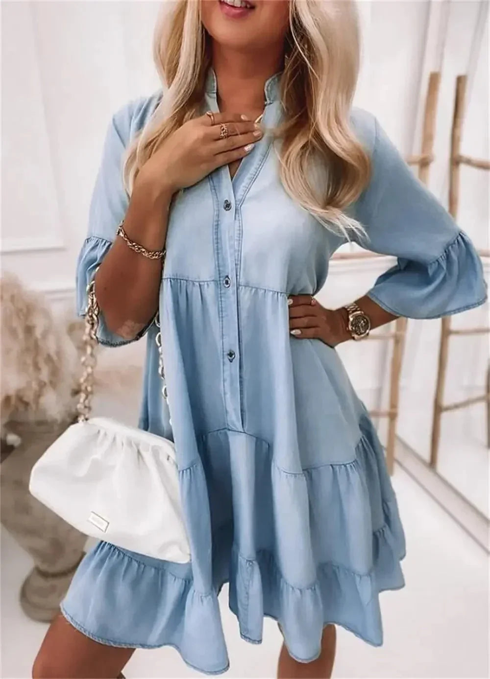 Robe Courte Denim Bleu Clair Volants Manches 3/4 1 Coloris | ROBEMODE