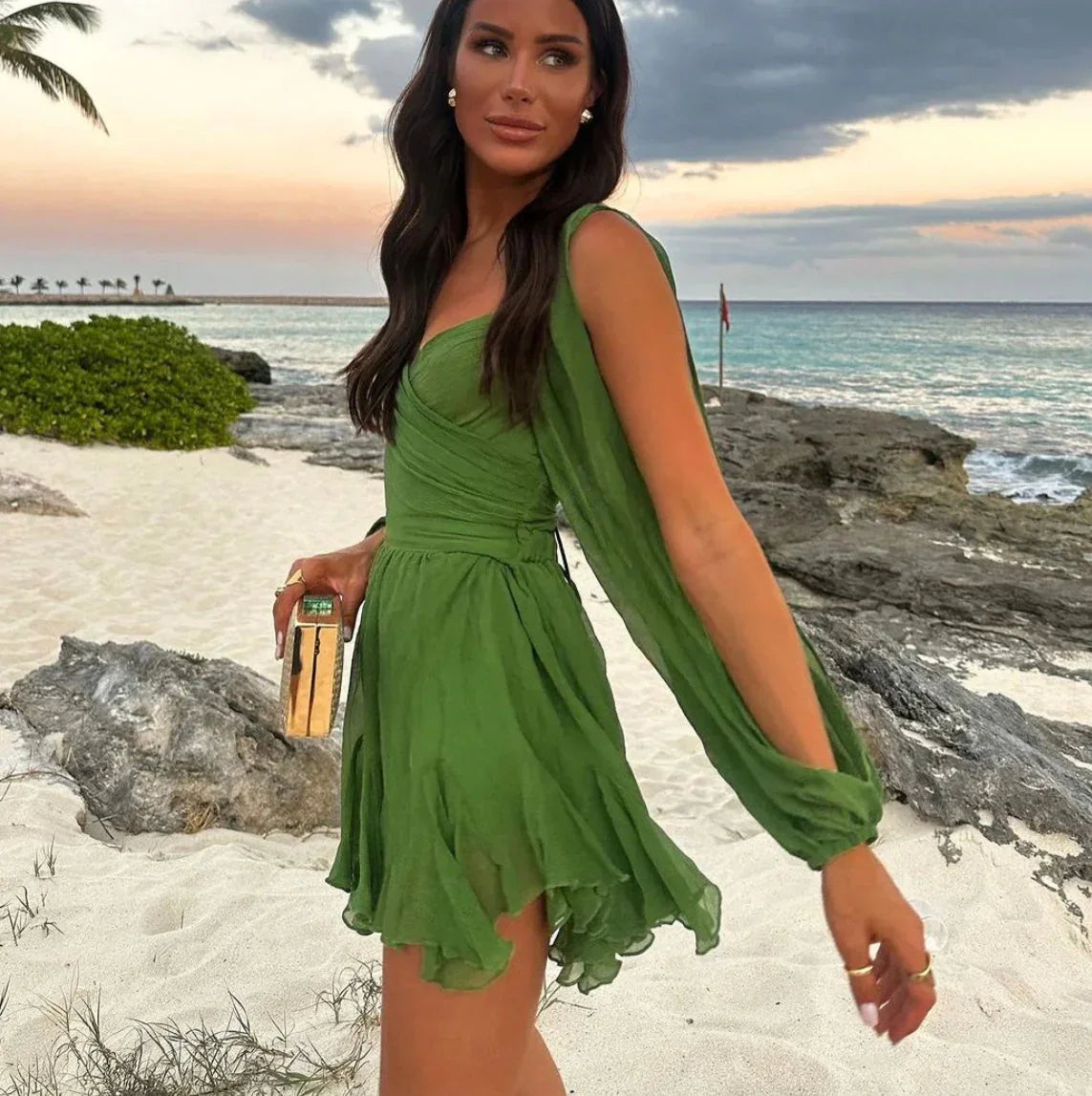 Robe Courte Femme Manches Longues Fluides Ourlet Volanté | ROBEMODE