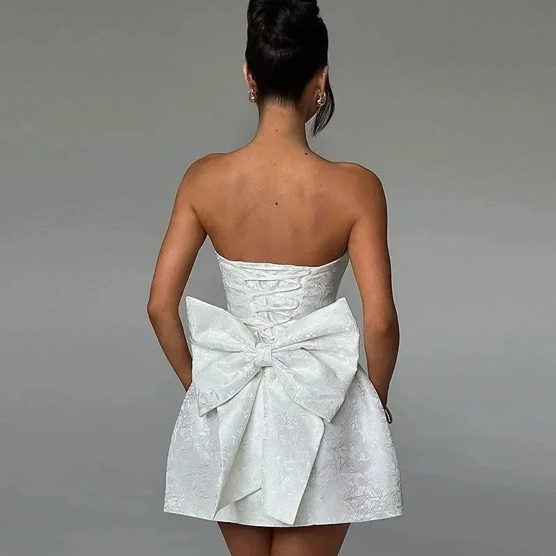 Robe Courte Bustier Dos Lacé à Nœud | Rose ou Blanc + Romantique + XS-L | ROBEMODE