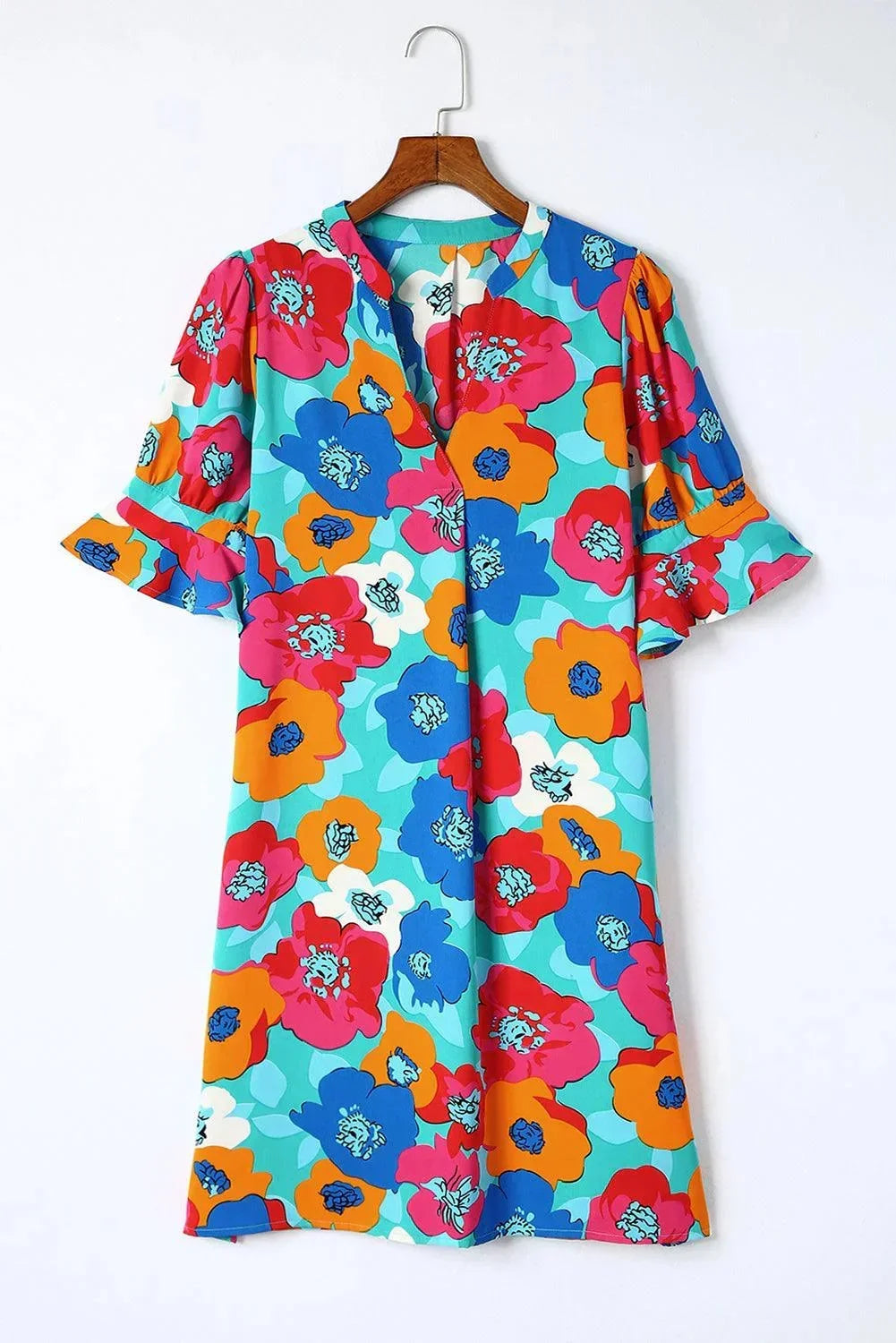 Robe courte femme imprimée fleurs col V manches 3/4 | ROBEMODE
